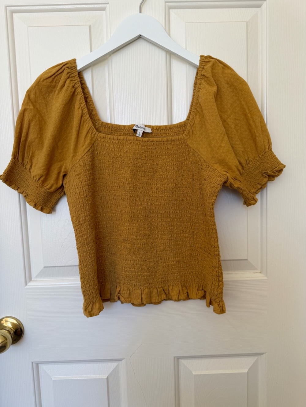 Madewell Mustard Smocked Puff-Sleeve Crop Top